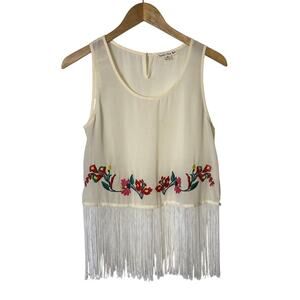 Double Zero Ivory Embroidered Fringe Hem Semi-Sheer Sleeveless Top Size Small